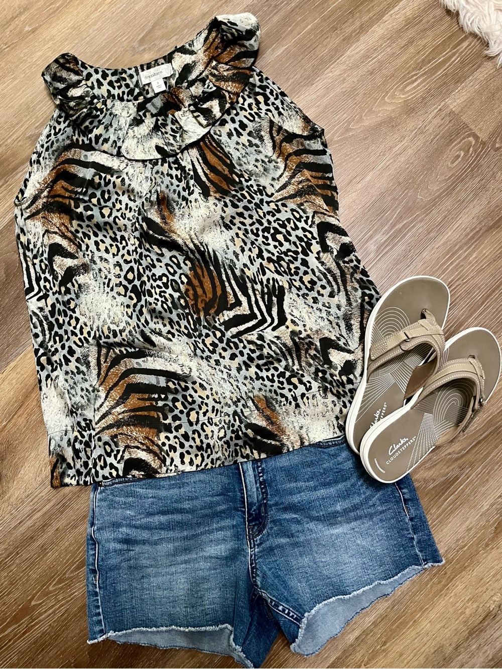 dressbarn Animal Print Ruffle Neck Sleeveless Top - Black, Brown, Cream